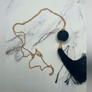Statement Flapper Inspired Necklace Long Black Tassle Gold Tone